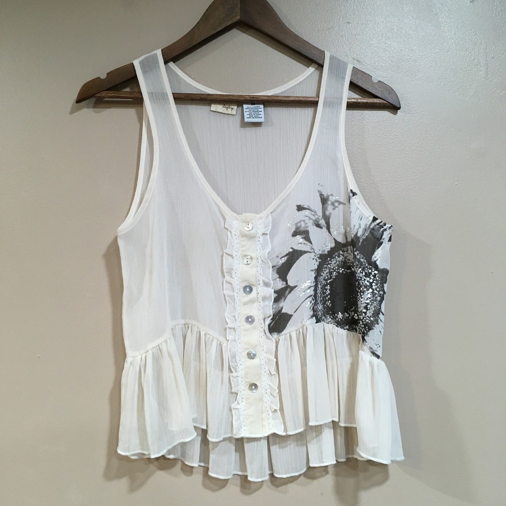 Daytrip Sheer Ruffle Sunflower Tank Top Womens M Cream Boho Cottage Floral Fairy